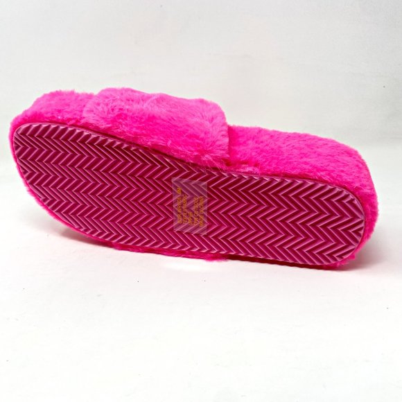 Sugar Wryde Hot Pink Platform Womens Fluffy Slip On Fur Slipper Warm Sandals - Picture 5 of 5